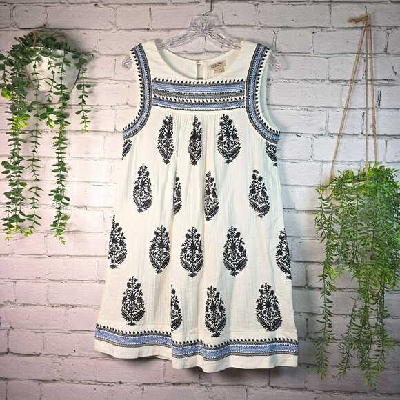 LUCKY BRAND TANK SLEEVELESS DRESS WHITE BLUE AND BLACK EMBROIDERED TRIM SIZE MED - Picture 1 of 7